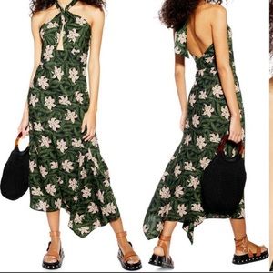 TOPSHOP HIBISCUS FLORAL HALTER NECK MIDI DRESS. SIZE 6